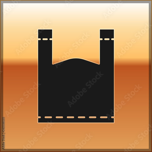 Black Plastic bag icon isolated on gold background. Disposable cellophane and polythene package prohibition sign. Vector Illustration.
