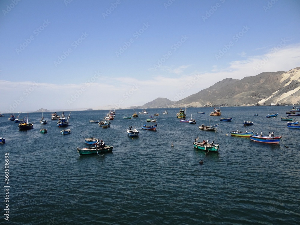 View over the harbour of Samanco near Chimbote, Peru with the Isla Blanca (White Island) in the background 