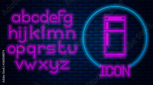 Glowing neon Refrigerator icon isolated on brick wall background. Fridge freezer refrigerator. Household tech and appliances. Neon light alphabet. Vector Illustration.