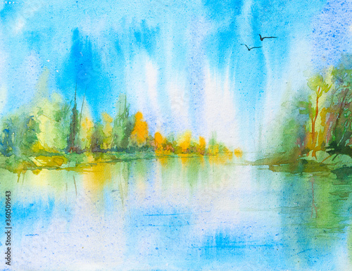 Beautiful watercolour of trees and reflection on water  made on handmade paper  painted by brush and paints.