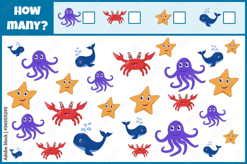 Educational mathematical game. Count the number of sea creatures. Count