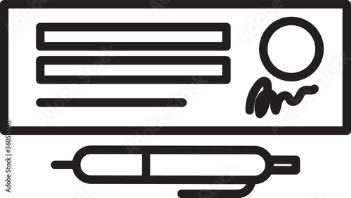 Black line Blank template of the bank check and pen icon isolated on white background. Checkbook cheque page with empty fields to fill. Vector Illustration.