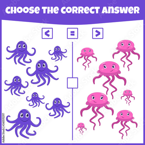 More less or equal. Compare the number. Counting game. Educational mathematical game. Math game for kids.