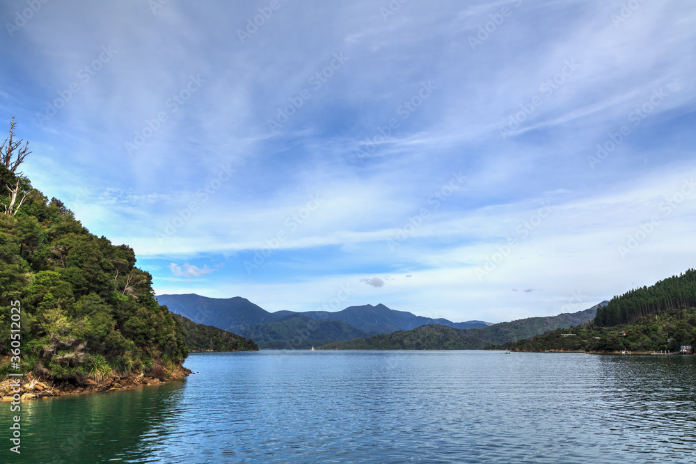 Queen Charlotte Sound, New Zealand, surrounded by forested mountains