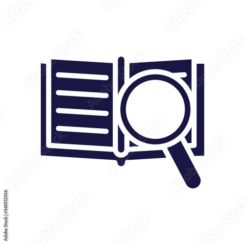 text book with magnifying glass silhouette style icon