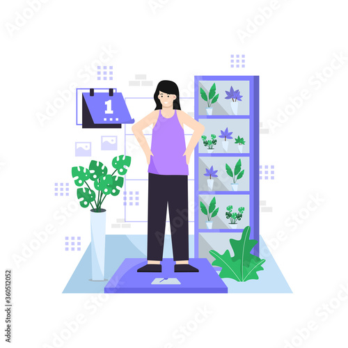 Flat vector illustration of go on a diet with regular exercise every day and maintain a healthy diet