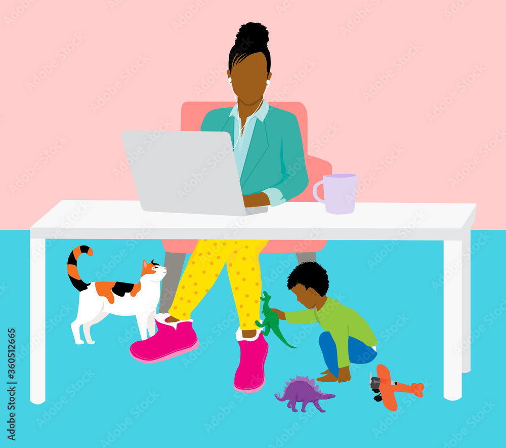 Work from Home Mom Concept - black woman working from home office mother professional for video call with distracting home life below - quarantine 2020 Work from Home Mom Concept - black woman working from home office mother professional for video call with distracting home life below - quarantine 2020