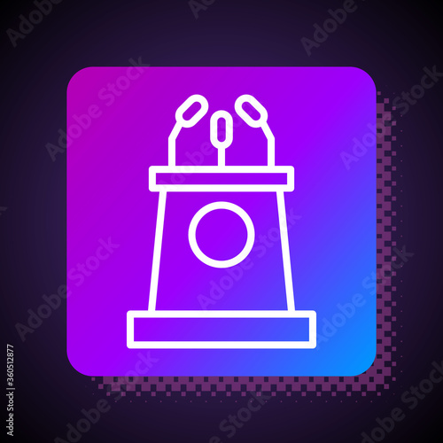 White line Stage stand or debate podium rostrum icon isolated on black background. Conference speech tribune. Square color button. Vector Illustration.