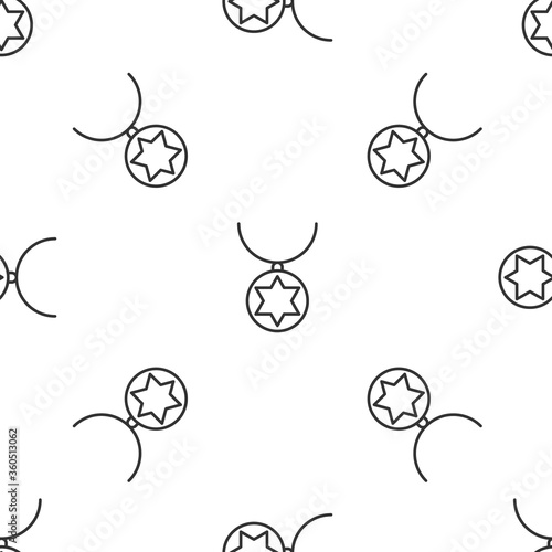 Grey line Star of David necklace on chain icon isolated seamless pattern on white background. Jewish religion. Symbol of Israel. Jewellery and accessory. Vector Illustration.