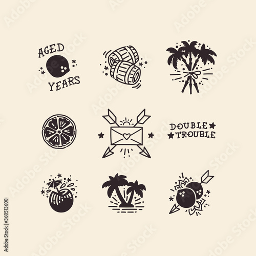 Set of authentic hand-drawn caribbean tattoo icons illustrated in old-school technique. Tropical fruits and palms icon set. 