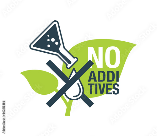 No additives sign - crossed out drop of harmful preservatives with green eco plant on background - isolated vector icon for healthy food and cosmetics products packaging 