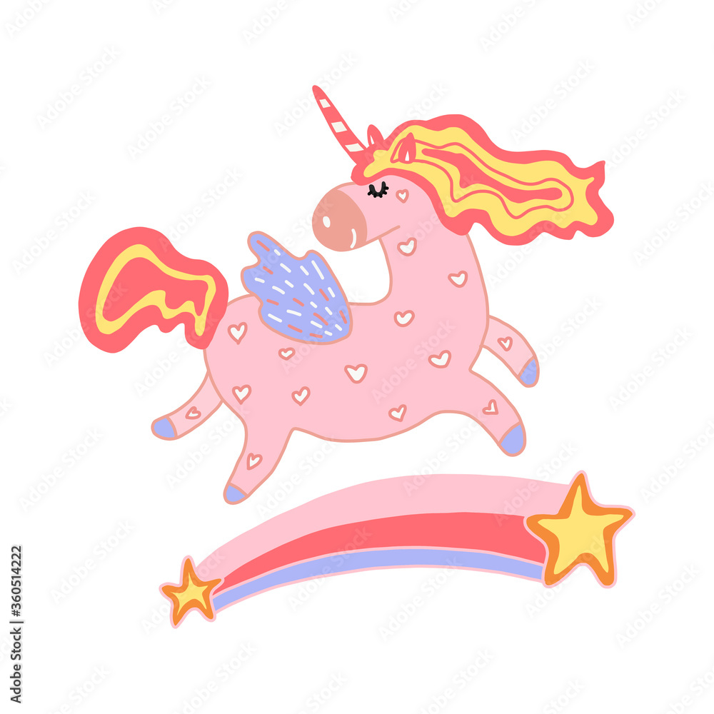 Cute unicorn with a rainbow. Flat design of a children s character in the cartoon style. For children s items, postcards, t-shirt design, toys. Isolated on a white background. Vector illustration