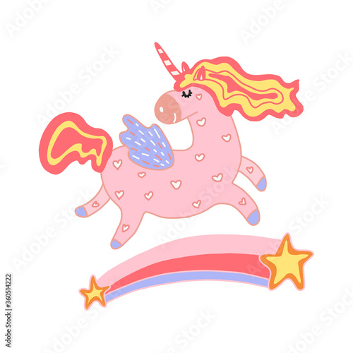 Cute unicorn with a rainbow. Flat design of a children s character in the cartoon style. For children s items, postcards, t-shirt design, toys. Isolated on a white background. Vector illustration