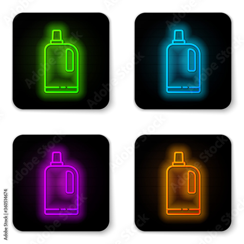 Glowing neon line Fabric softener icon isolated on white background. Liquid laundry detergent, conditioner, cleaning agent, bleach. Black square button. Vector Illustration.