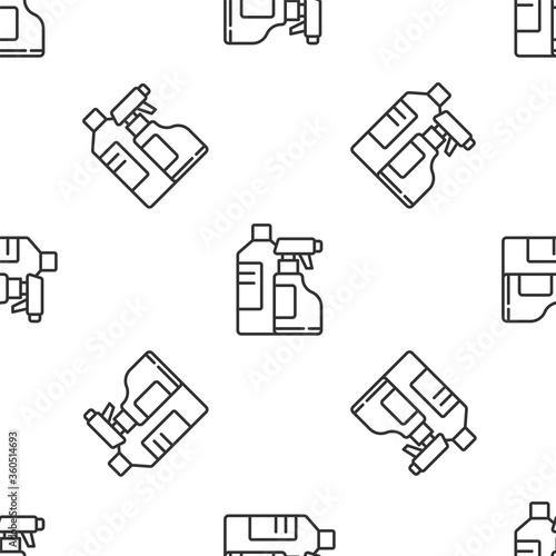 Grey line Plastic bottles for laundry detergent, bleach, dishwashing liquid or another cleaning agent icon isolated seamless pattern on white background. Vector Illustration.