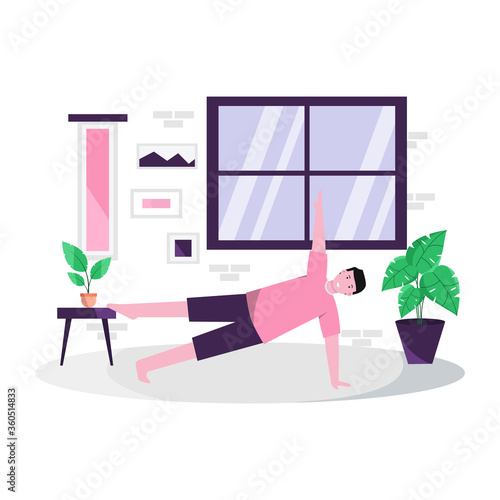 Flat vector illustration of doing yoga exercises at home every morning to maintain a healthy body