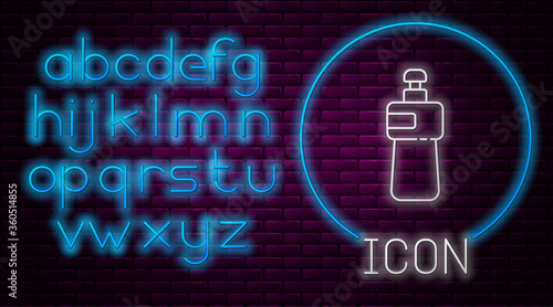 Glowing neon line Dishwashing liquid bottle icon isolated on brick wall background. Liquid detergent for washing dishes. Neon light alphabet. Vector Illustration.