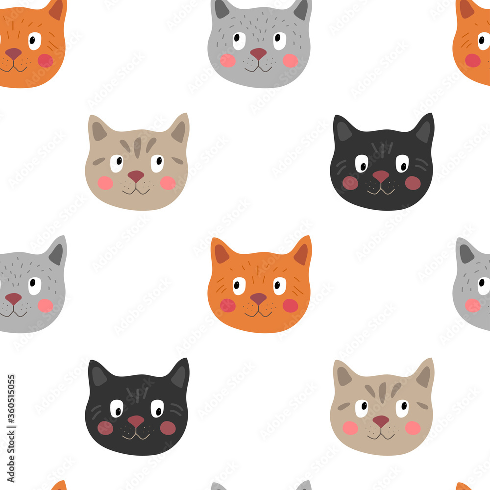 Seamless vector pattern with cat faces on a white background. Cute cats for children.