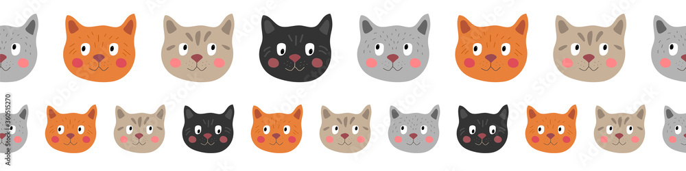 Seamless vector border with cat faces on a white background. Cute cats for children. Seamless vector border with cat faces on a white background. Cute cats for children.