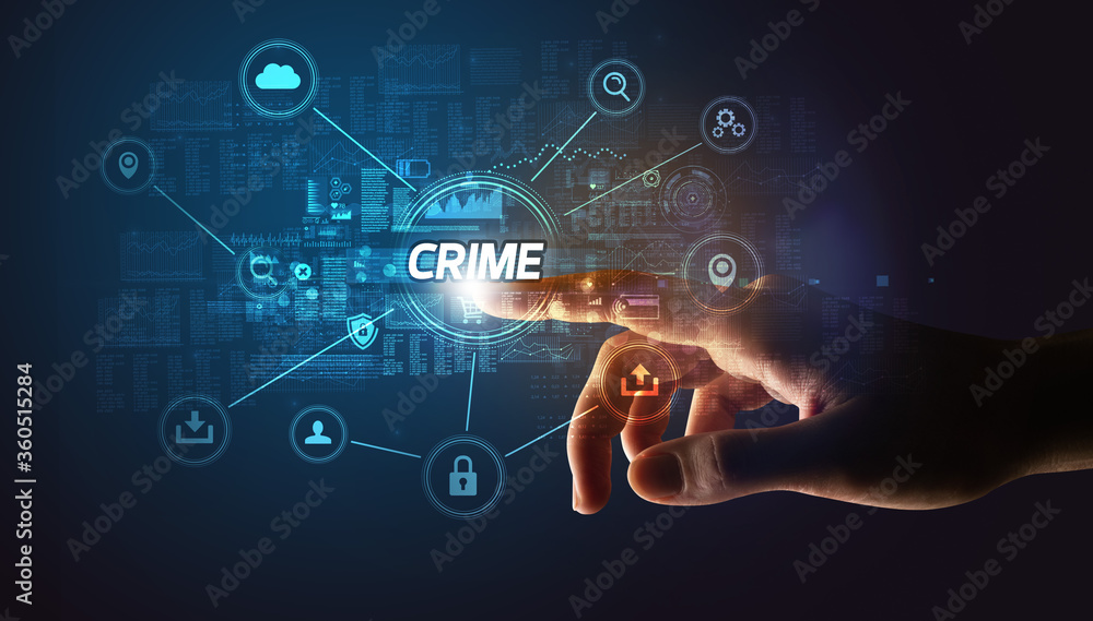 Hand touching CRIME inscription, Cybersecurity concept Hand touching CRIME inscription, Cybersecurity concept