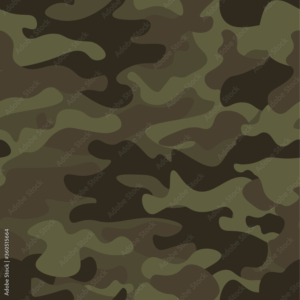 Camouflage seamless pattern background. Classic clothing style masking camo repeat print. Green brown black olive colors forest texture. Design element. Vector illustration. Camouflage seamless pattern background. Classic clothing style masking camo repeat print. Green brown black olive colors forest texture. Design element. Vector illustration.