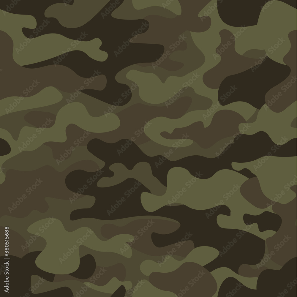 Camouflage seamless pattern background. Classic clothing style masking camo repeat print. Green brown black olive colors forest texture. Design element. Vector illustration. Camouflage seamless pattern background. Classic clothing style masking camo repeat print. Green brown black olive colors forest texture. Design element. Vector illustration.