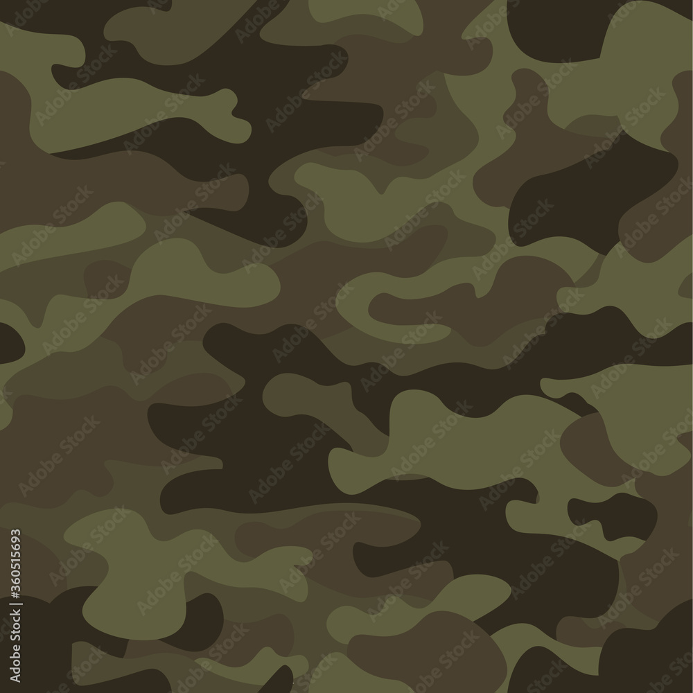 Fototapeta premium Camouflage seamless pattern background. Classic clothing style masking camo repeat print. Green brown black olive colors forest texture. Design element. Vector illustration.