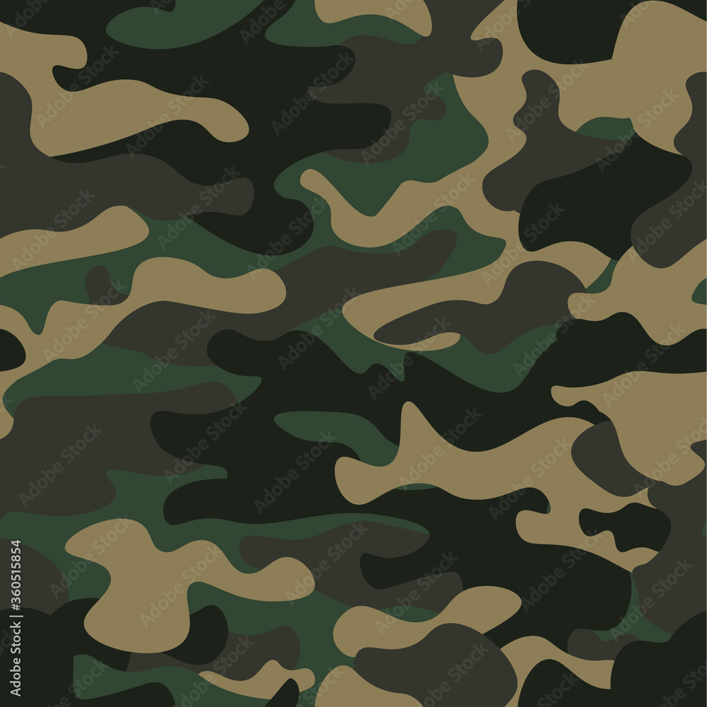 Camouflage seamless pattern background. Classic clothing style masking camo repeat print. Green brown black olive colors forest texture. Design element. Vector illustration. Camouflage seamless pattern background. Classic clothing style masking camo repeat print. Green brown black olive colors forest texture. Design element. Vector illustration.
