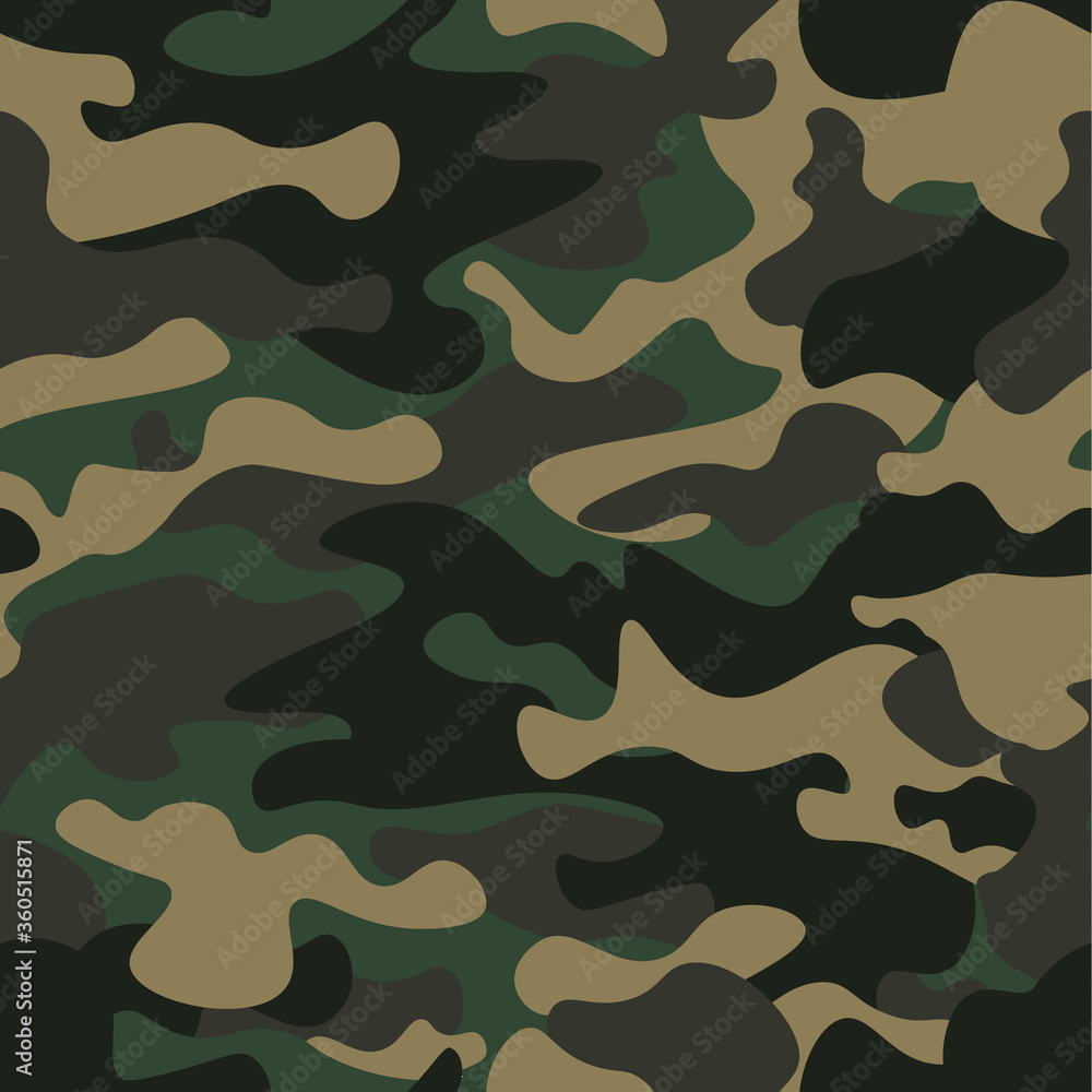 Camouflage seamless pattern background. Classic clothing style masking camo repeat print. Green brown black olive colors forest texture. Design element. Vector illustration. Camouflage seamless pattern background. Classic clothing style masking camo repeat print. Green brown black olive colors forest texture. Design element. Vector illustration.
