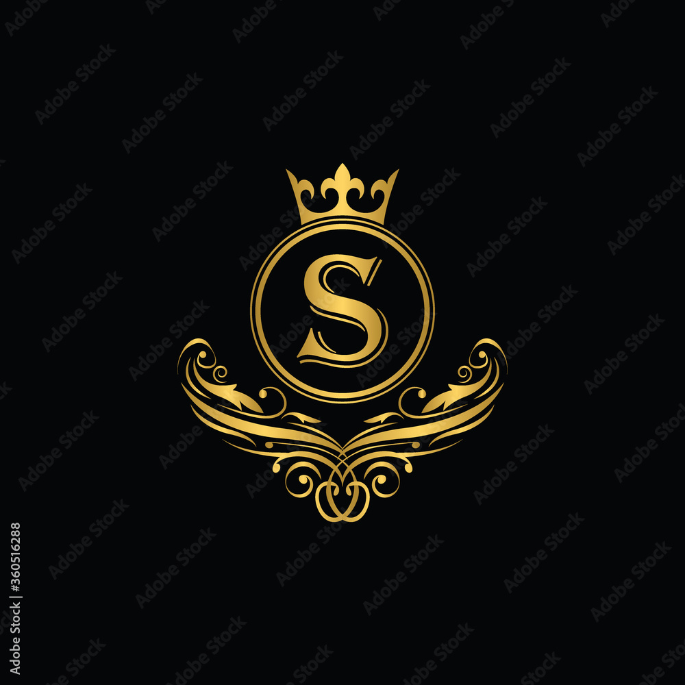 Golden letter S logo Luxury letter with crown. Monogram alphabet ...