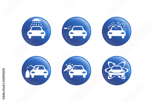 Car washing icon set - services and equipment of car wash - glossy icons of six auto washing options  