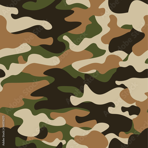 Modern fashion vector trendy camo pattern.Classic clothing style masking camo repeat print. Green brown black olive colors forest texture. Design element. Vector illustration.