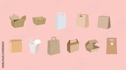 Vector Isolated Set of Different Paper Bags or Take Away Boxes