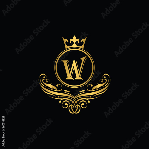 Golden letter W  logo Luxury letter with crown.  Monogram alphabet . Beautiful royal initials letter. template logo for design  