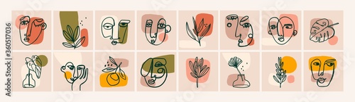 Various Faces, Leaves and Flowers, Abstract shapes. Ink painting style. Contemporary Hand drawn Vector illustrations. Continuous line, minimalistic elegant concept. All elements are isolated