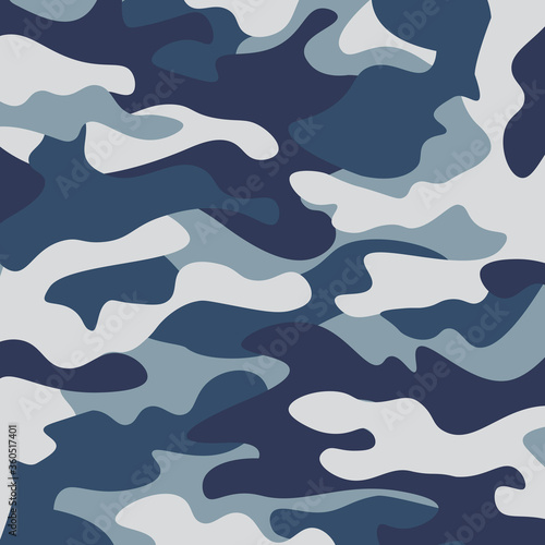 Camouflage pattern background. Classic clothing style masking camo repeat print. Blue, navy cerulean grey colors forest texture. Design element. Vector illustration.