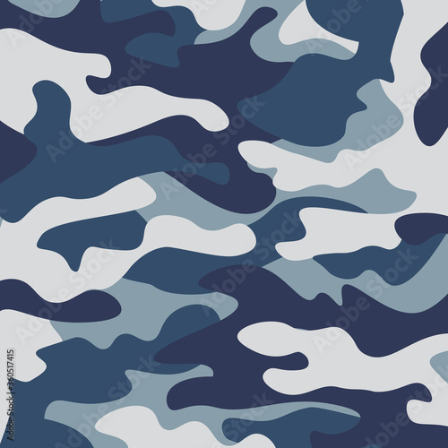 Camouflage pattern background. Classic clothing style masking camo repeat print. Blue, navy cerulean grey colors forest texture. Design element. Vector illustration.