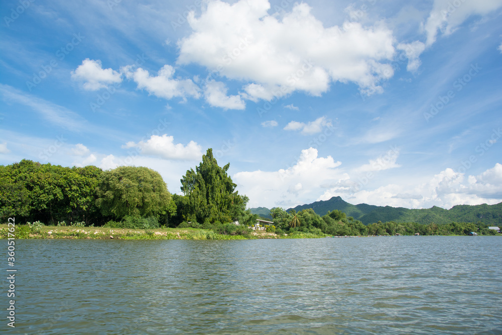 Beautiful landscape river kwai and  blue sky backgrounds in Kanchanaburi province, Thailand