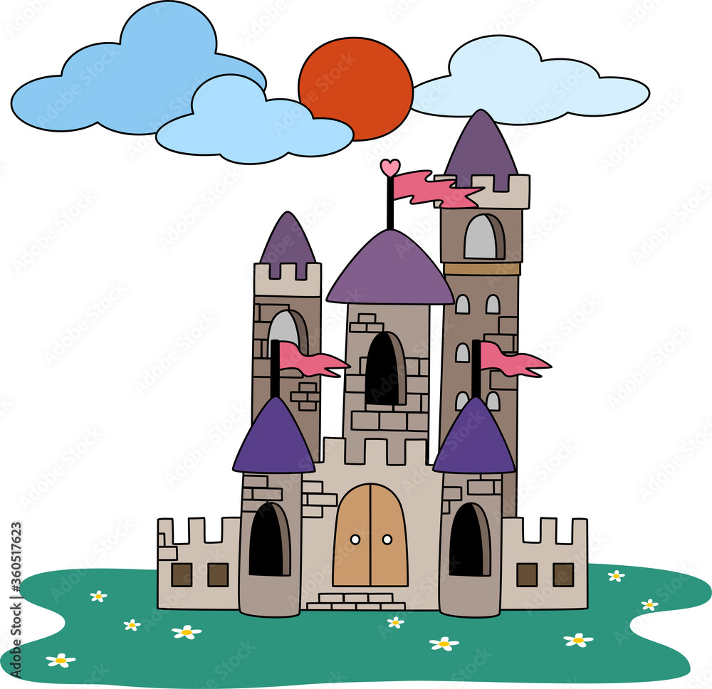Fairy tale castle stands on the green field in the sunshine day Fairy tale castle stands on the green field in the sunshine day