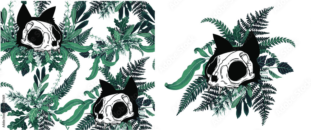 Fototapeta premium Skull of a cat. Cat silhouette. Tattoo, Boho print, poster, t-shirt. textiles Vintage engraving. Vintage style. Traditional art tattoos. Blackwork.