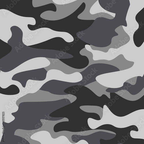 Camouflage pattern background. Classic clothing style masking camo repeat print. Black grey white colors winter ice texture. Design element. Vector illustration.