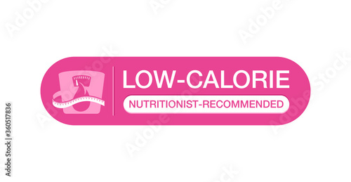 Low-calorie nutritionists recommended sign - combination of flame (fats), weight scales and measurement tape - isolated vector badge for healthy food or diet program 