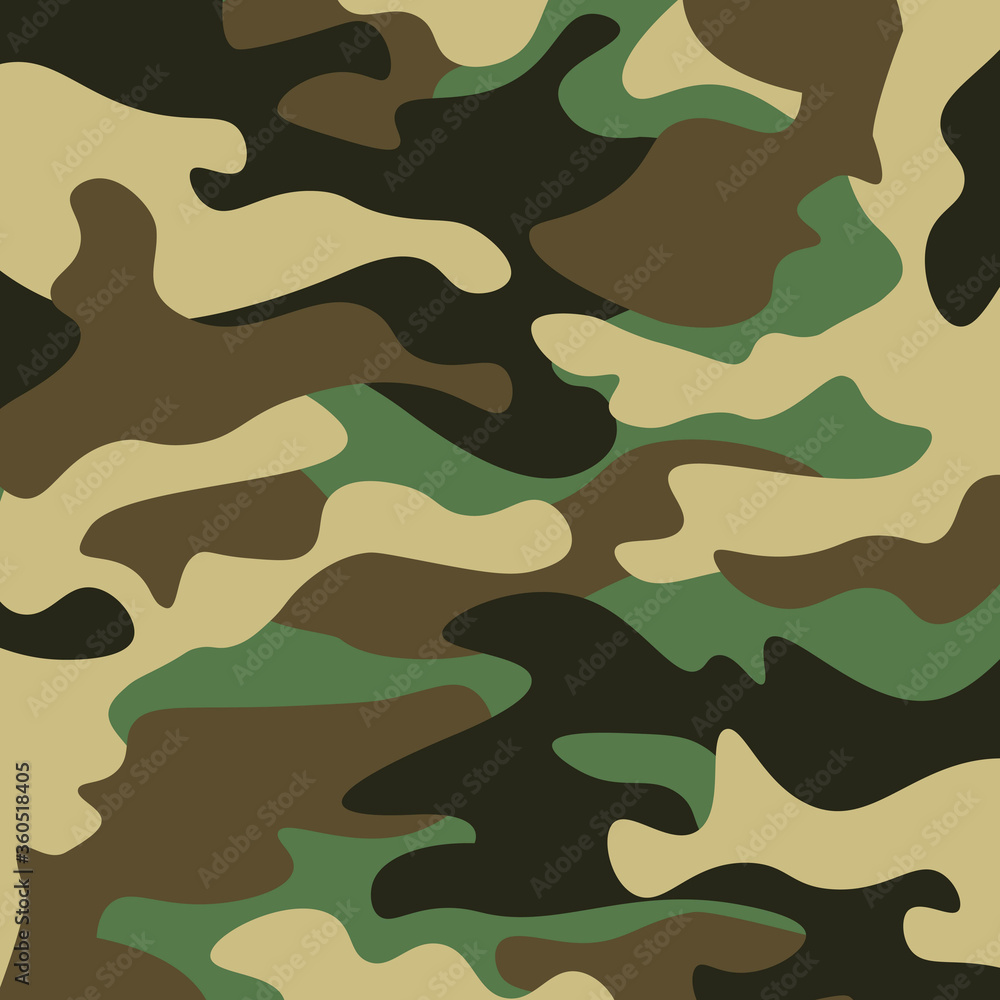 Fototapeta premium Camouflage pattern background. Classic clothing style masking camo repeat print. Green brown black olive colors forest texture. Design element. Vector illustration.
