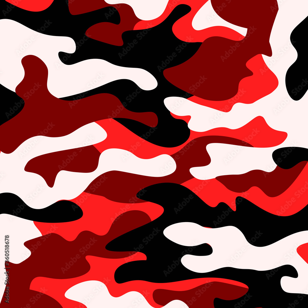 Camouflage pattern background. Classic clothing style masking camo repeat print. Red, white, brown black colors forest texture. Design element. Vector illustration. Camouflage pattern background. Classic clothing style masking camo repeat print. Red, white, brown black colors forest texture. Design element. Vector illustration.