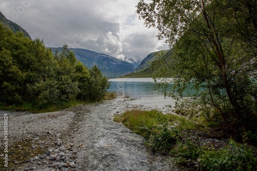 Beautiful view of Nigardsbrevatnet lake surrounded by mountains - Jostedalsbreen national park  Norway