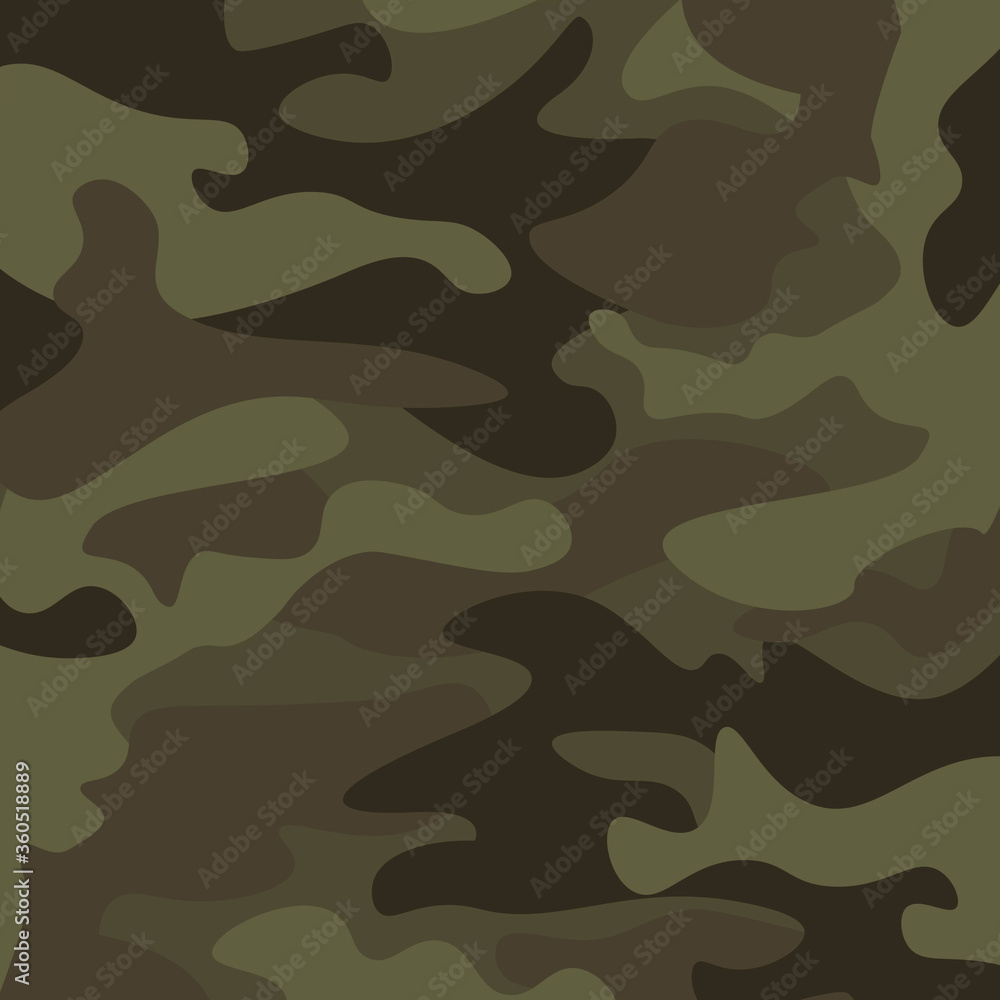 Fototapeta premium Camouflage pattern background. Classic clothing style masking camo repeat print. Green brown black olive colors forest texture. Design element. Vector illustration.