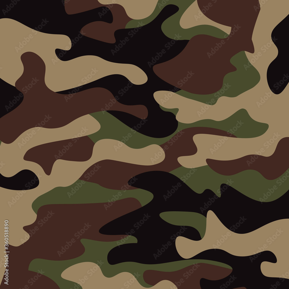 Naklejka premium Camouflage pattern background. Classic clothing style masking camo repeat print. Green brown black olive colors forest texture. Design element. Vector illustration.