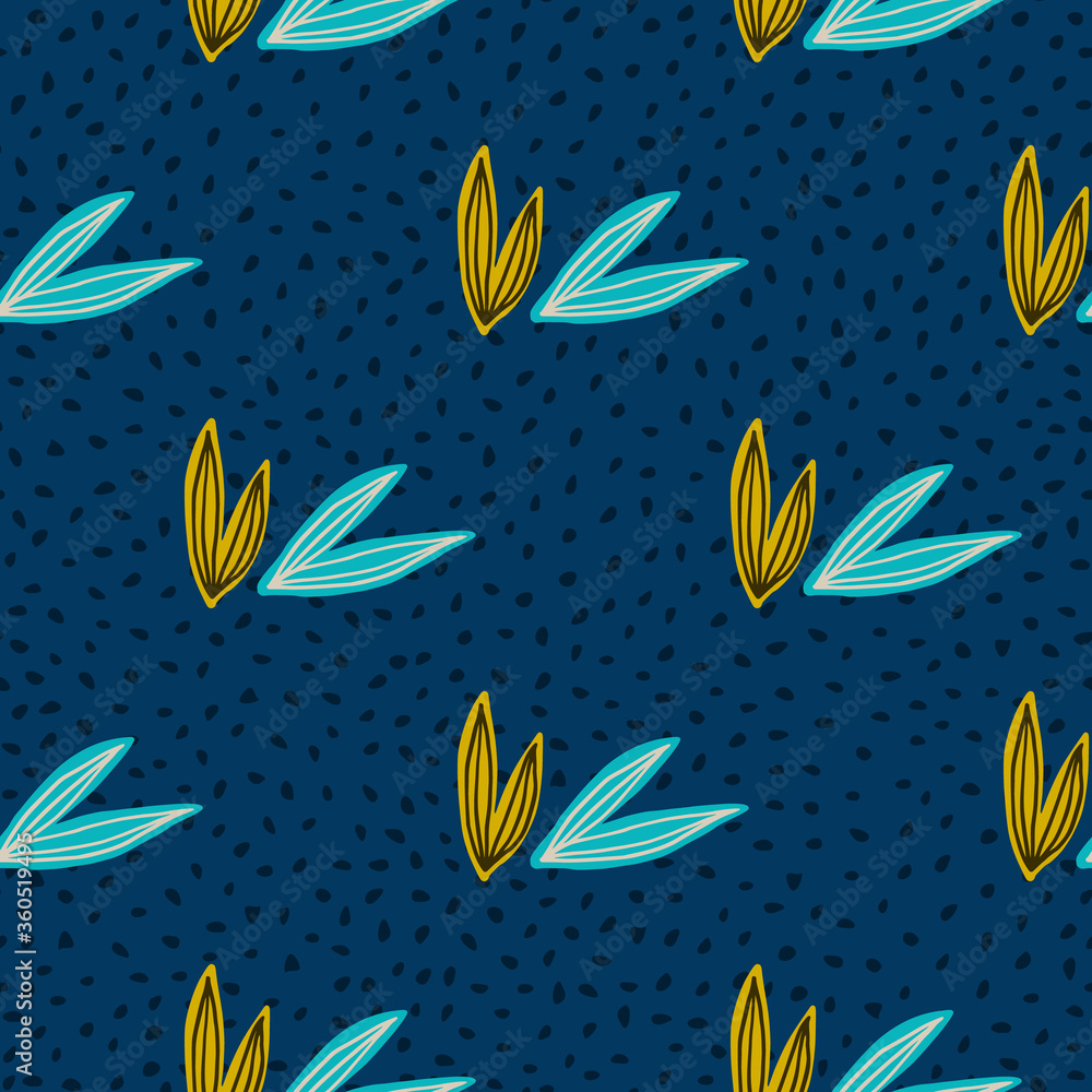 Fototapeta premium Abstract hand drawn leaves seamless pattern on dots background. Modern vector forest herbal endless wallpaper.