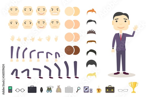 Businessman character creation set. Build your own design. Cartoon vector flat-style. White background. Vector illustration