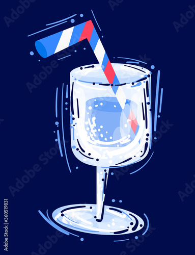 Stock vector illustration of water glass or refreshing drink, juice or alcohol cocktail on a dark blue background. Dynamic expressionistic cartoon style for menu, print, template, icon. Hello summer